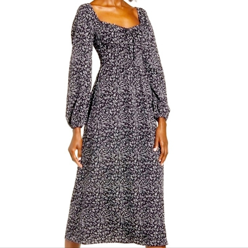 All In Favor Black Ivory Floral Ditsy Print Sweetheart Neckline Midi Dress Sz L
